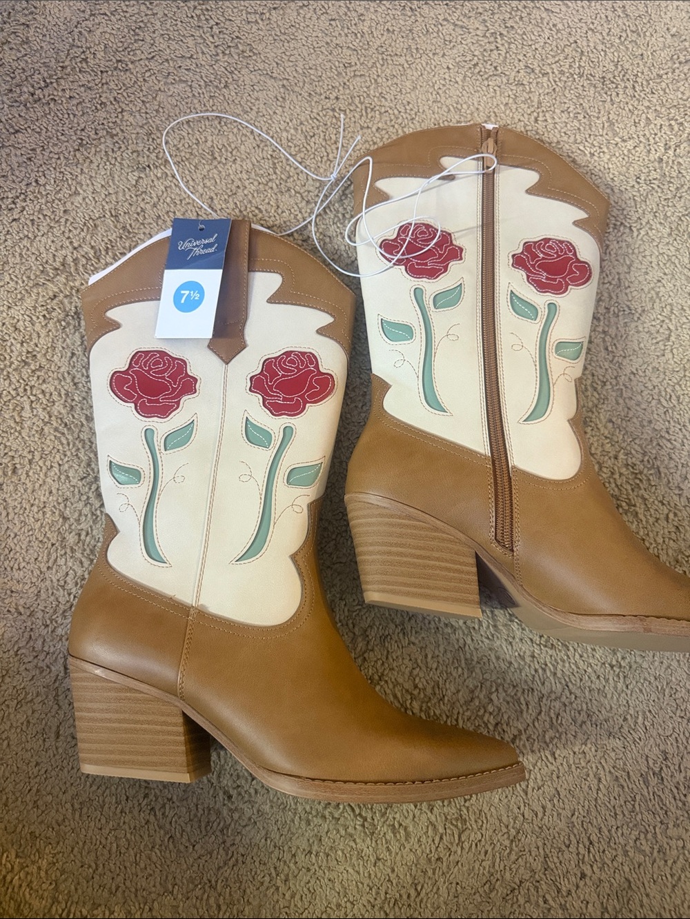 Universal Thread Tan & Cream Western Rose Embroidered Mid-Heel Boots